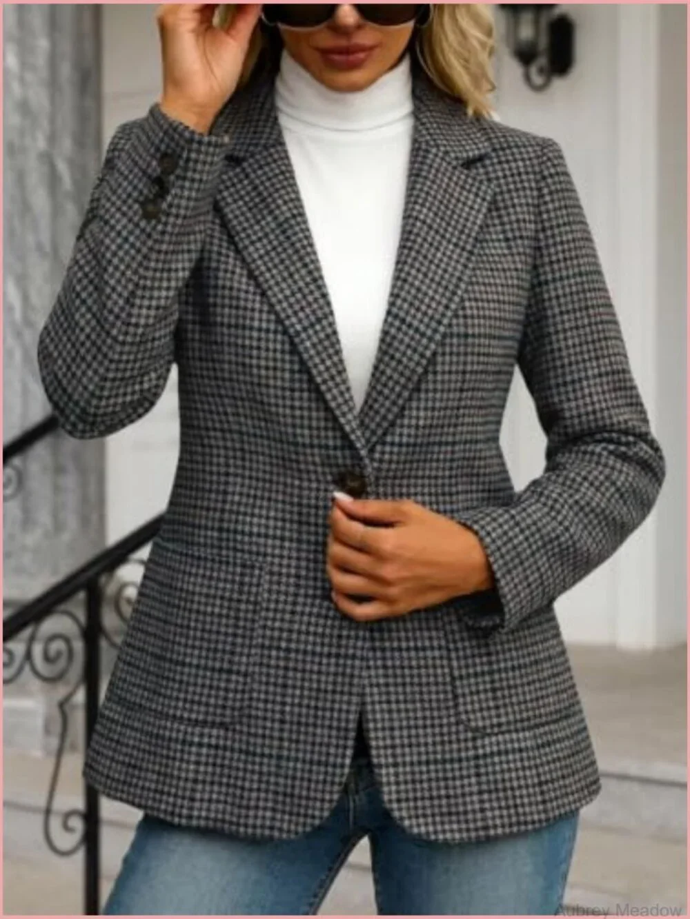 Womens Tweed Houndstooth Blazer Fully Lined Work Casual Office Jacket Suit